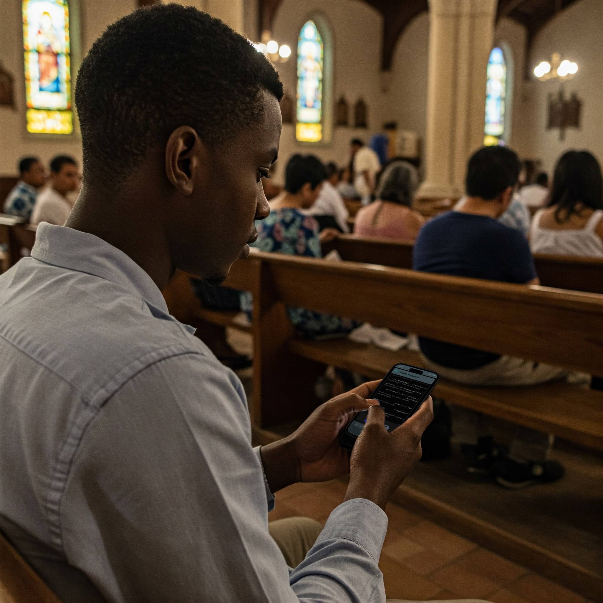 Church member using phone for translation
