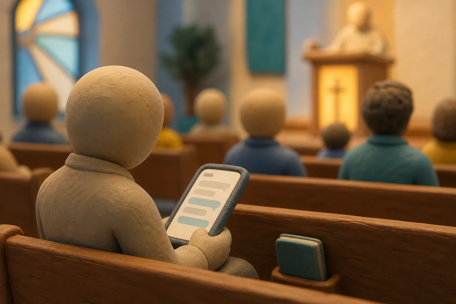 Claymation-illustration af en person, der sidder på en kirkebænk og kigger ned på en telefon, som viser enkle undertekstlinjer, mens den lysende talerstol anes svagt forude