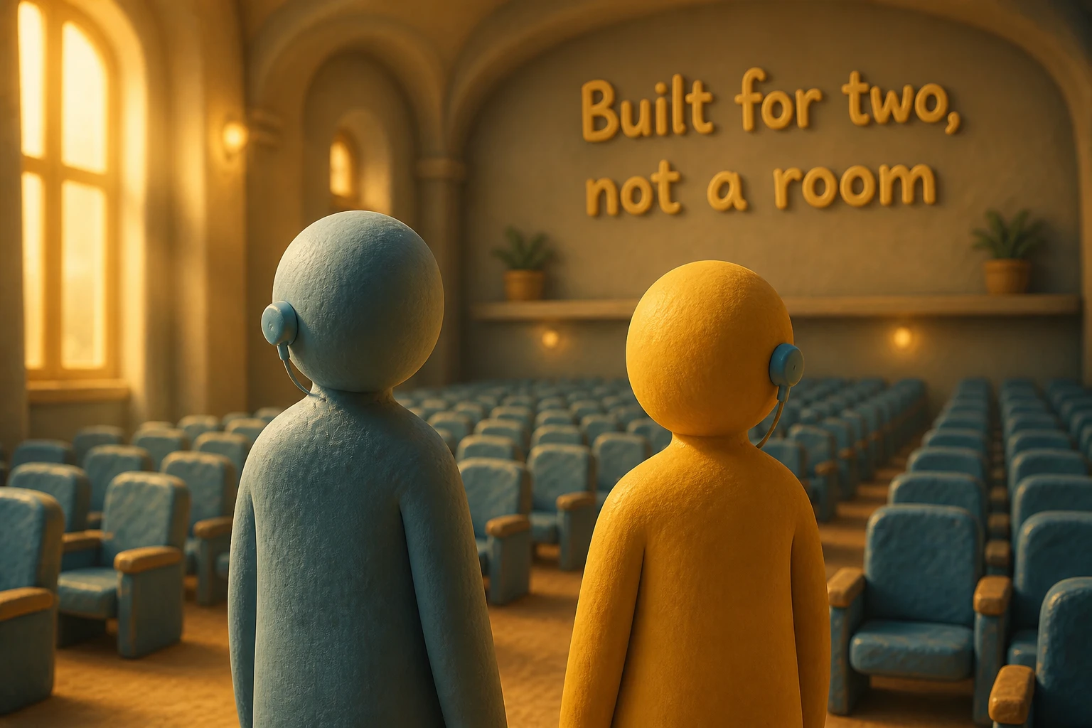 Claymation illustration of two figures standing a comfortable, natural distance apart, each wearing a small earbud, facing rows of empty church seats