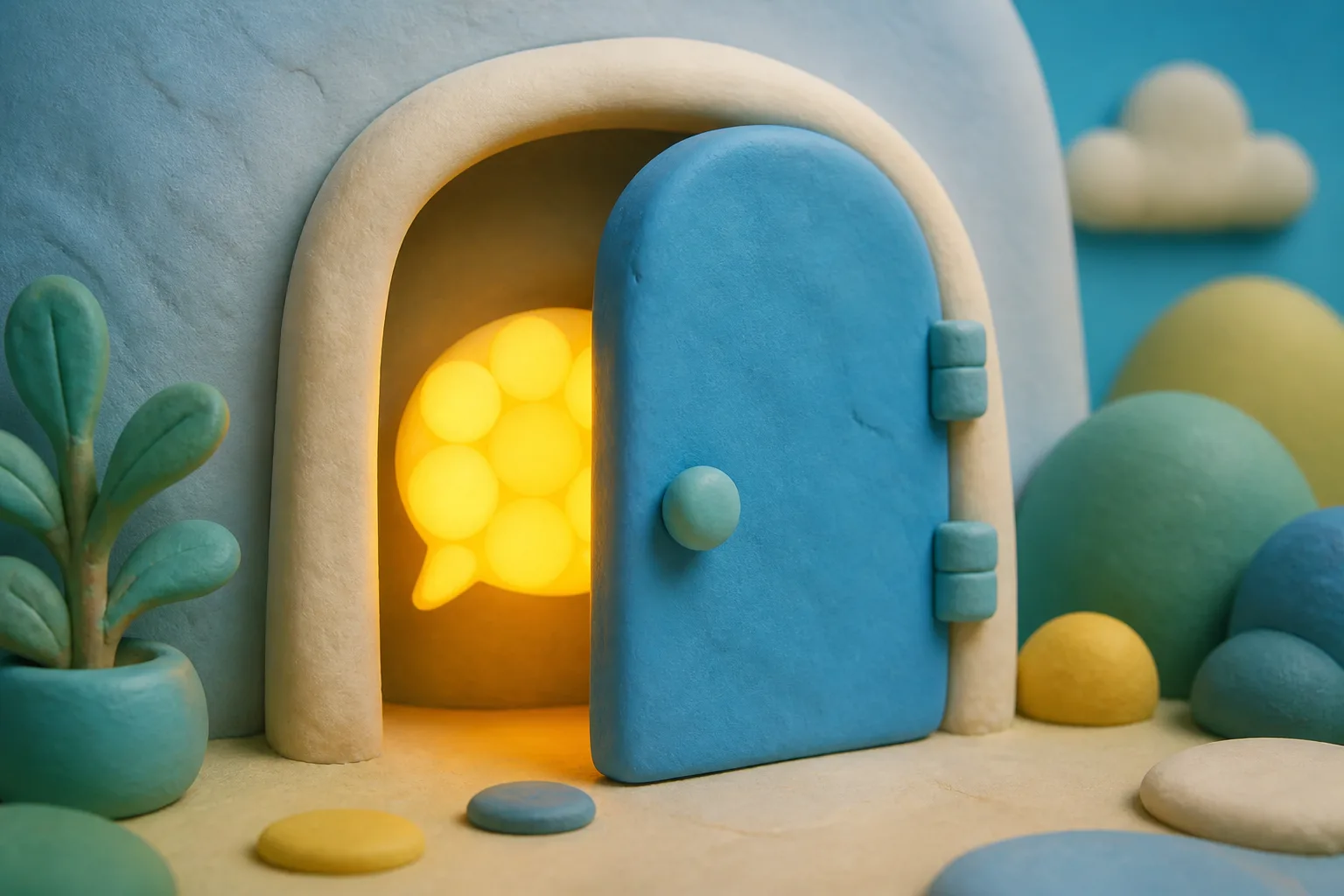 Il·lustració d'estil plastilina d'una porta de plastilina que es tanca suaument sobre una bafuella de xat de grup brillant