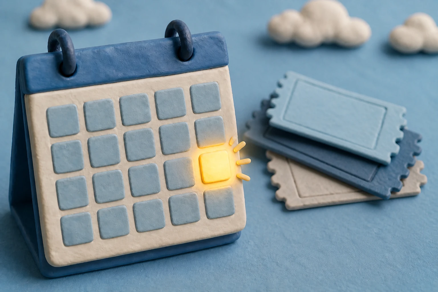 Klei-animasie-illustrasie van 'n kalender met 'n enkele gloeiende Sondag-blokkie, gekontrasteer met vervagende geleentheid-kaartjiestrokies