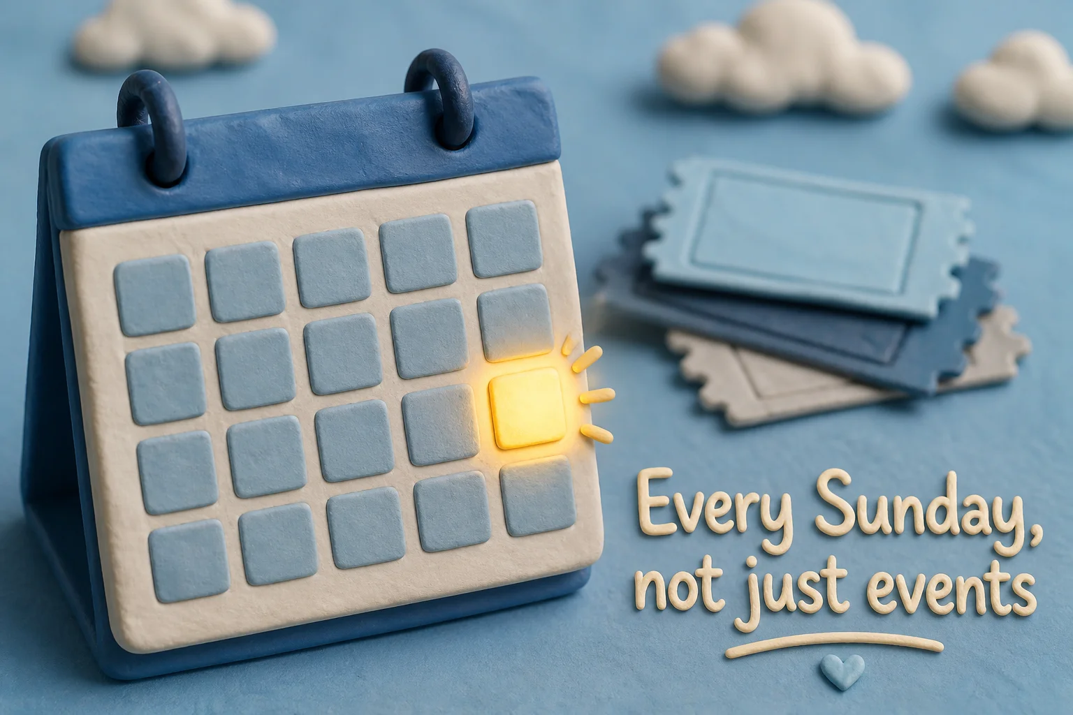 Claymation illustration of a calendar with a single glowing Sunday square, contrasted with fading event ticket stubs