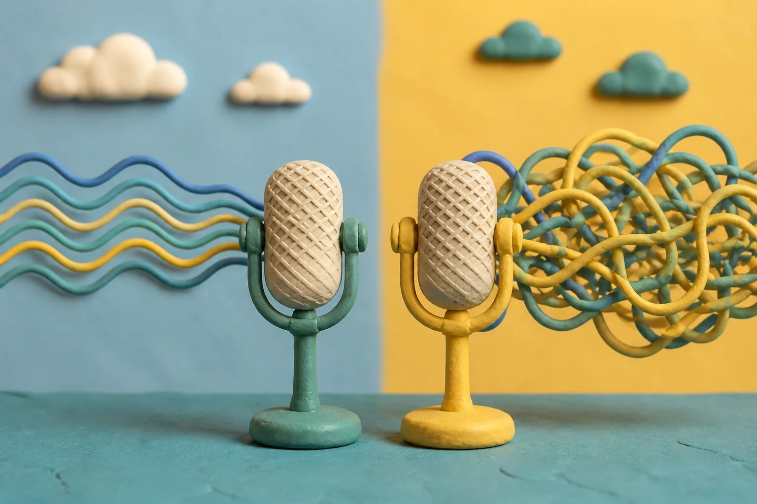 Ilustrație în stil claymation cu un microfon care emite unde sonore clare pe o parte și unde ușor încâlcite pe cealaltă parte