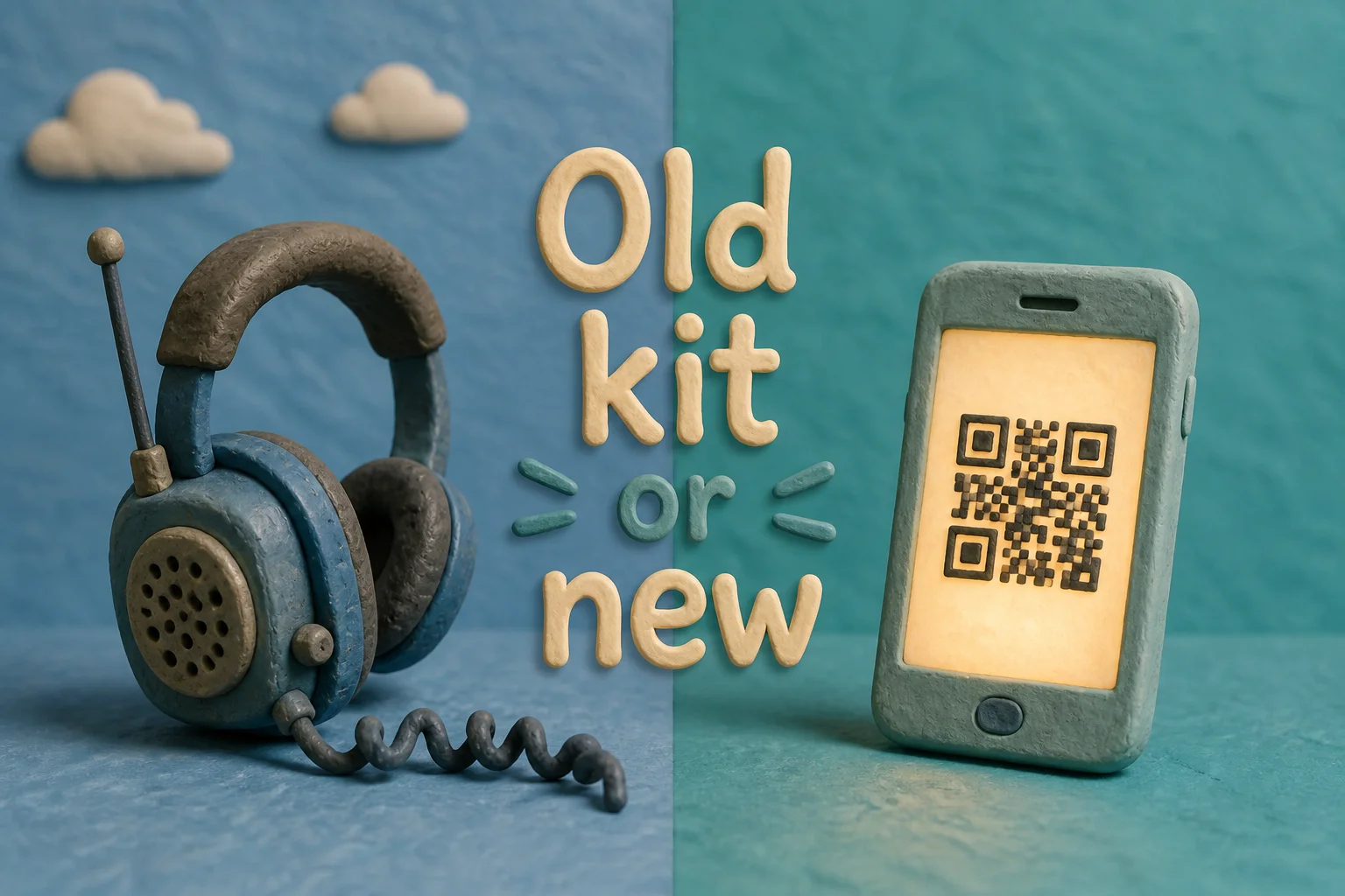 Claymation illustration contrasting an old FM headset receiver with a simple clay phone showing a QR code