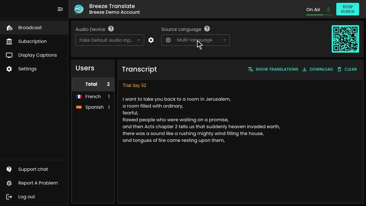 Ovládací panel Breeze Translate zobrazujúci živé vysielanie, prepis a QR kód pre poslucháčov na pripojenie