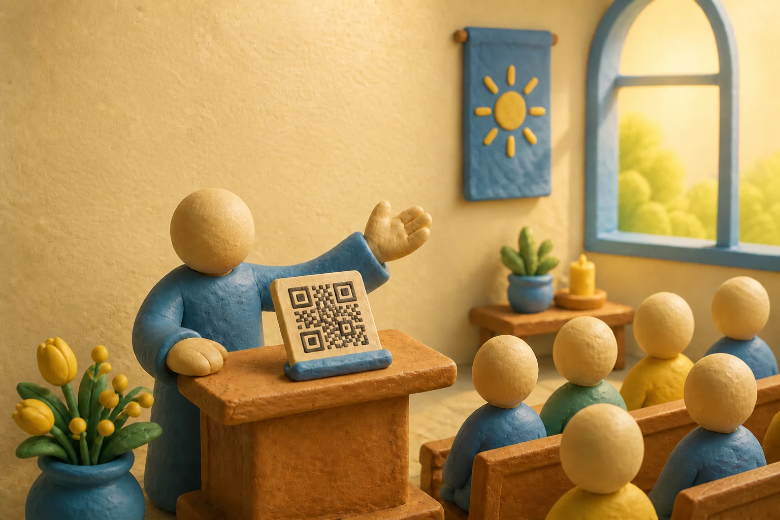 Plastelínová ilustrácia človeka, ktorý srdečne hovorí za kazateľnicou v zbore, s kartičkou s QR kódom opretou vedľa neho v jemnom rannom svetle
