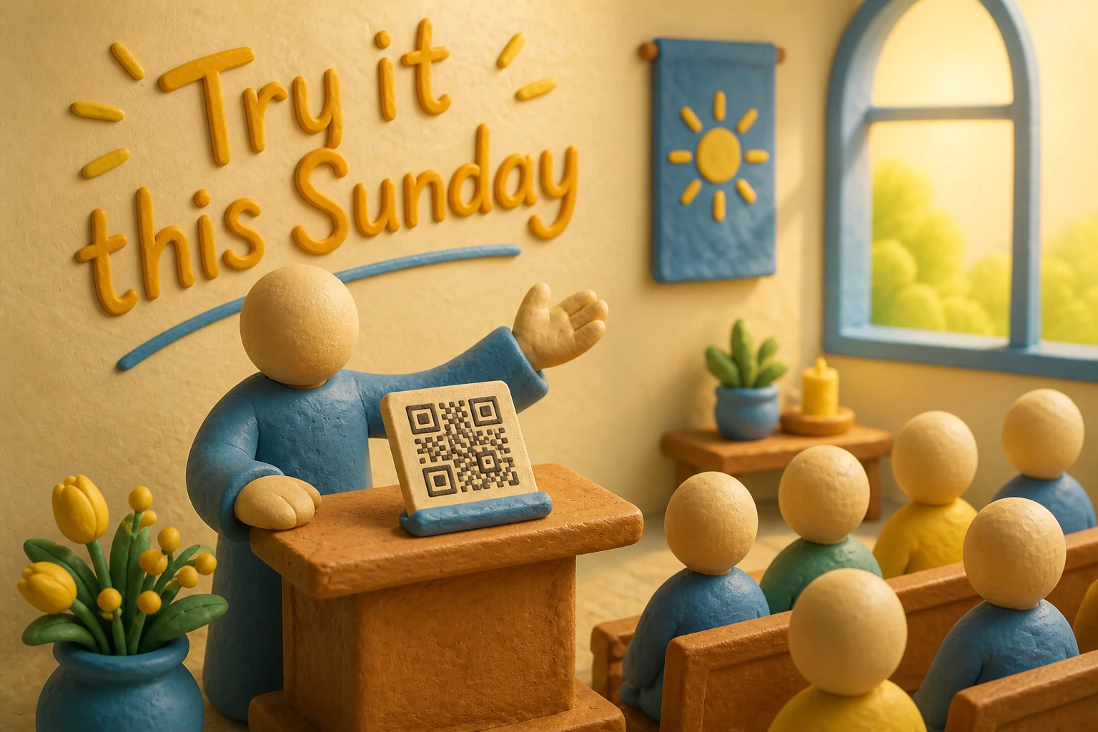 Claymation illustration of a person speaking warmly at a church lectern with a QR code card propped beside them, in soft morning light